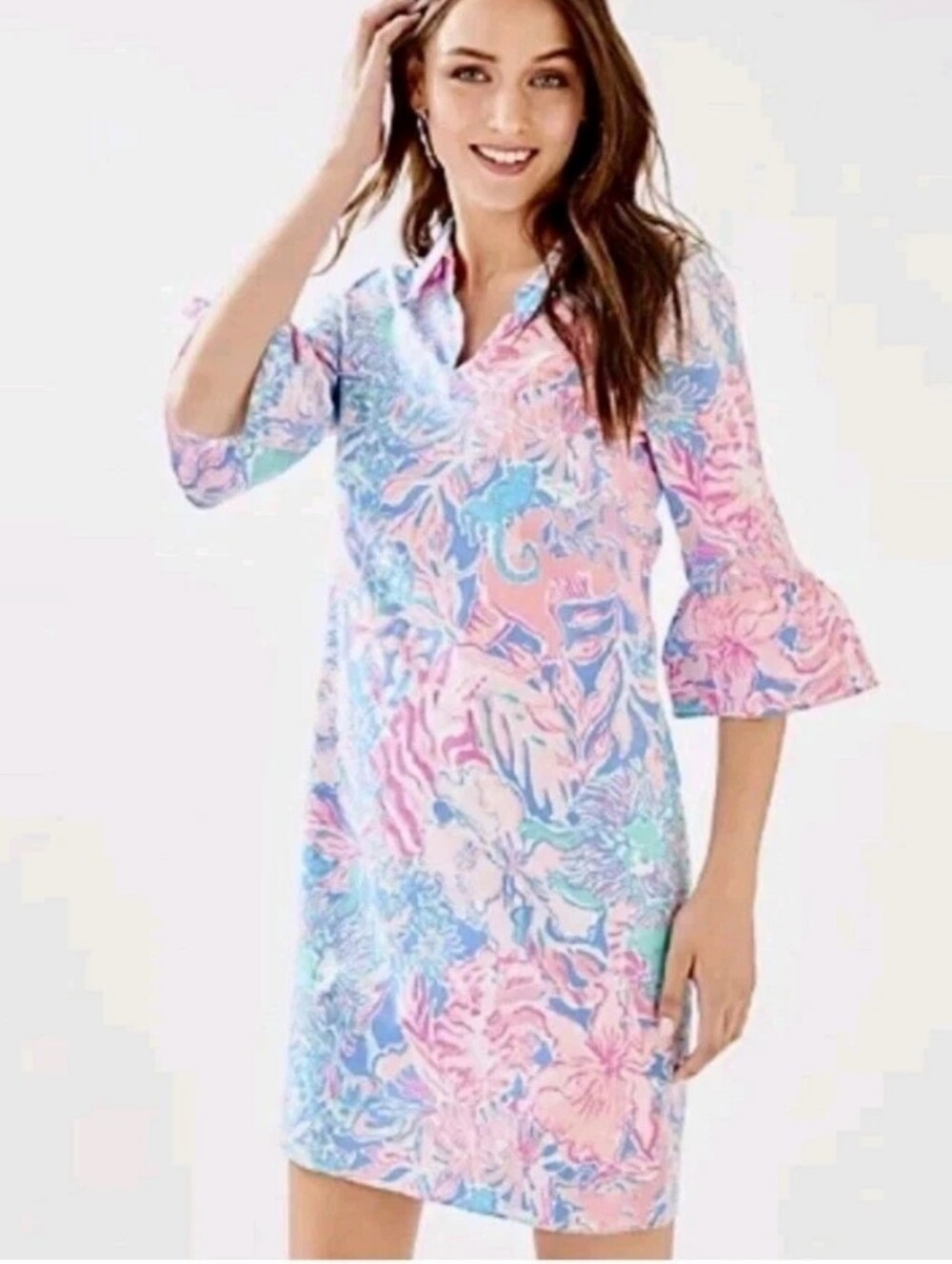 Lily Pulitzer Ginger Stretch Shirt Dress Woman XS 2 Pink Blue Viva La Lilly Nwt